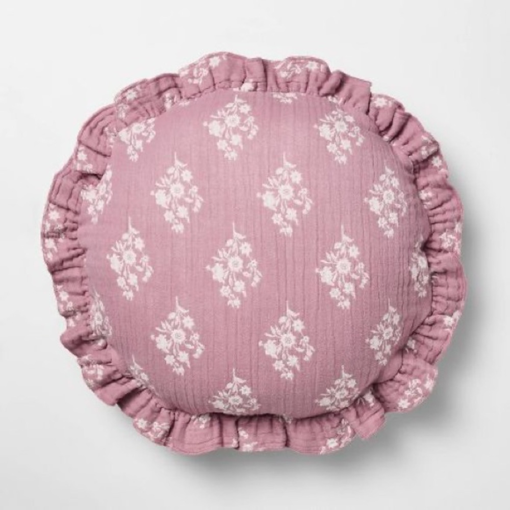NWT | Round Ruffle Floral Jacquard Pillow Purple/Cream - Studio McGee